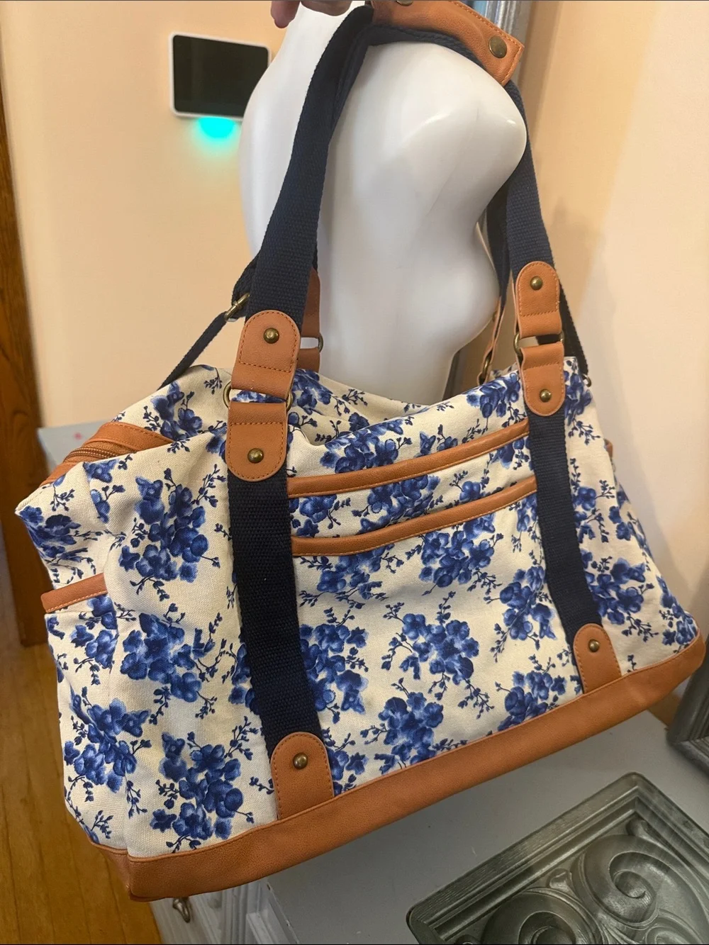 Mossimo Supply Co Blue Toile Floral Canvas Duffel Bag Tote with Tan Trim - Picture 1 of 7